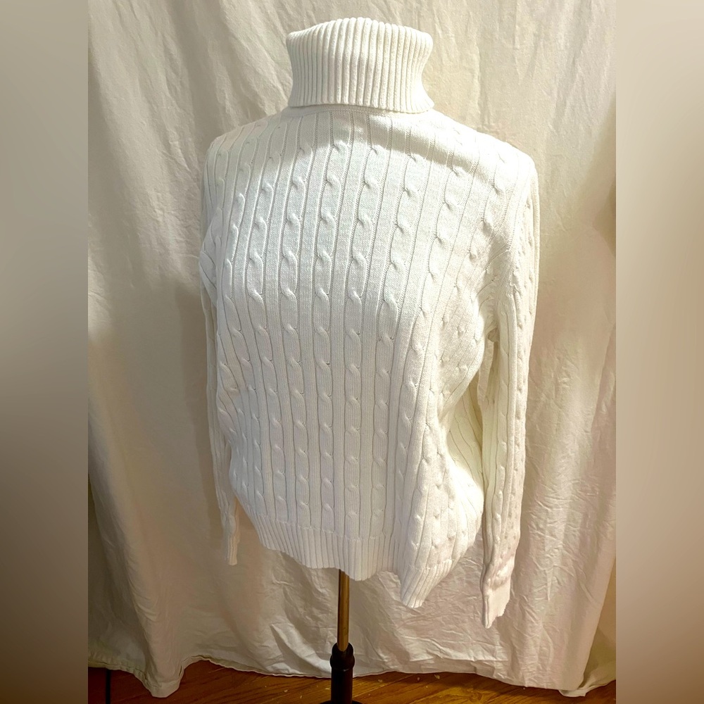 St. John’s Bay Cream Cable Knit Turtleneck Sweater Women’s Large Cotton Pristine